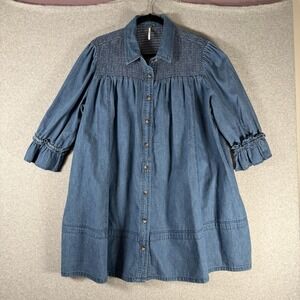 Free People Women s Vanessa Denim Tunic Dress Blue Chill Oversize Pleats Smock L